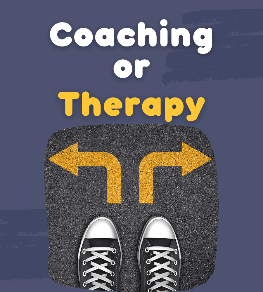 Illustration: "Coaching or Therapy" text with a carpet and two shoes below, and arrows above the shoes pointing left and right.