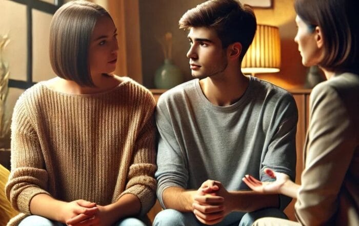 Couple engaged in an intensive counseling session with a female therapist in a modern, cozy office setting.