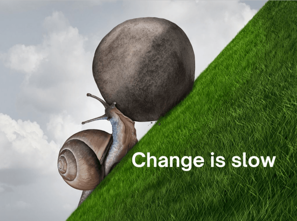 A snail struggling to push a boulder uphill, representing the frustration of trying to create lasting change in a relationship when old habits keep resurfacing